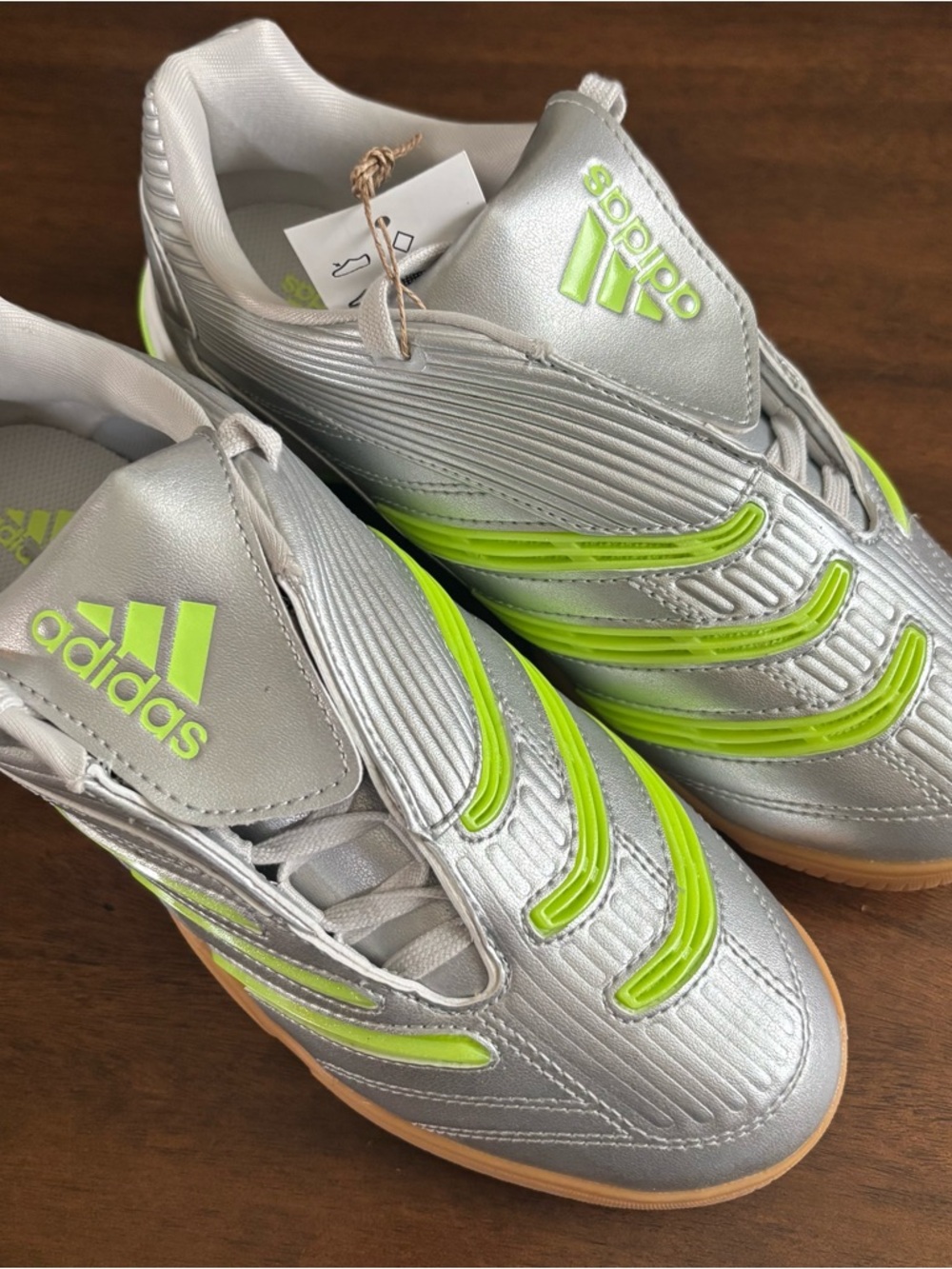 adidas Kids Silver with Neon Green Indoor Soccer Sneakers